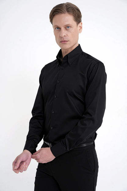 Slim Fit Düğmeli Yüksek Yaka %100 Pamuk Saten Düz Siyah Gömlek Gk 760