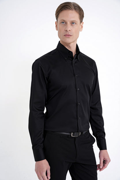 Slim Fit Düğmeli Yüksek Yaka %100 Pamuk Saten Düz Siyah Gömlek Gk 760