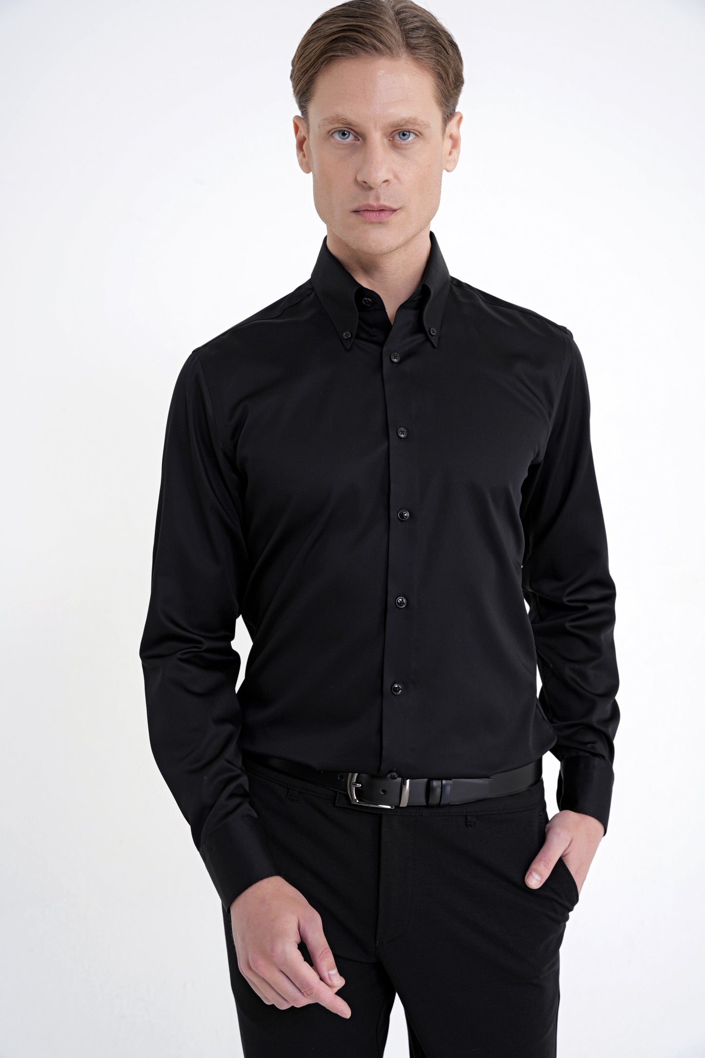 Slim Fit Düğmeli Yüksek Yaka %100 Pamuk Saten Düz Siyah Gömlek Gk 760