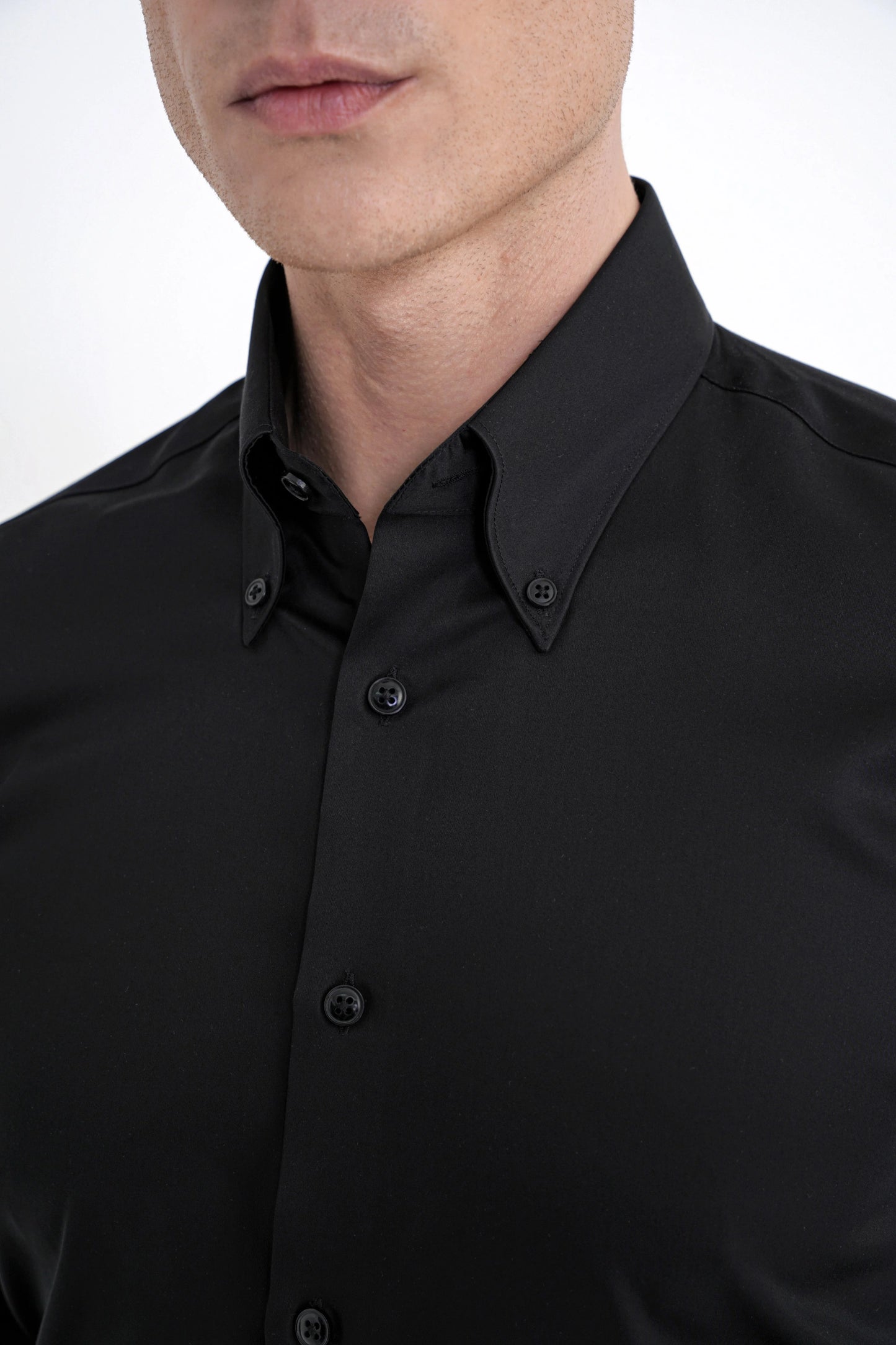 Slim Fit Düğmeli Yüksek Yaka %100 Pamuk Saten Düz Siyah Gömlek Gk 760