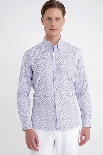 Slim Fit Pamuklu Baskılı Desen Yaka Düğmeli Gri Gömlek G 1603
