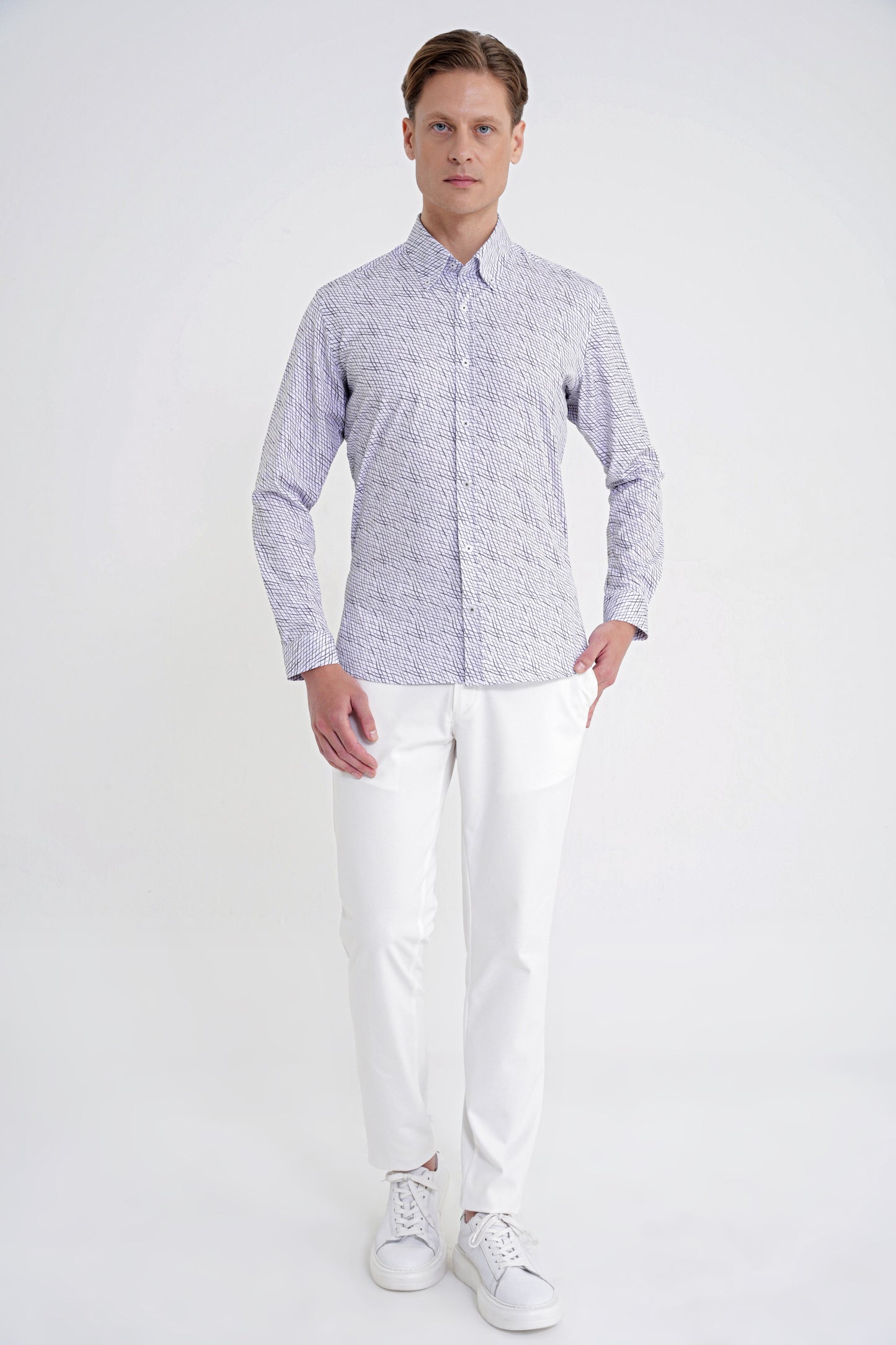 Slim Fit Pamuklu Baskılı Desen Yaka Düğmeli Gri Gömlek G 1603
