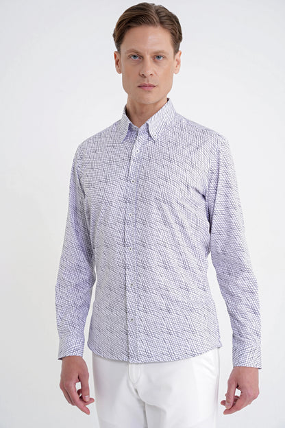 Slim Fit Pamuklu Baskılı Desen Yaka Düğmeli Gri Gömlek G 1603