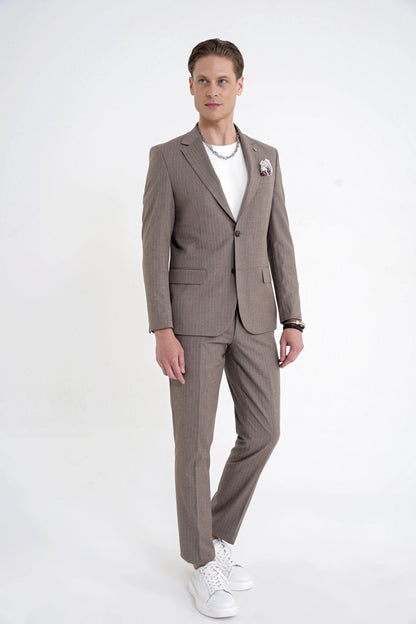 Slim Fit Mono Yaka Esnek Yünlü Bej Çizgili Takım Elbise Tk 942
