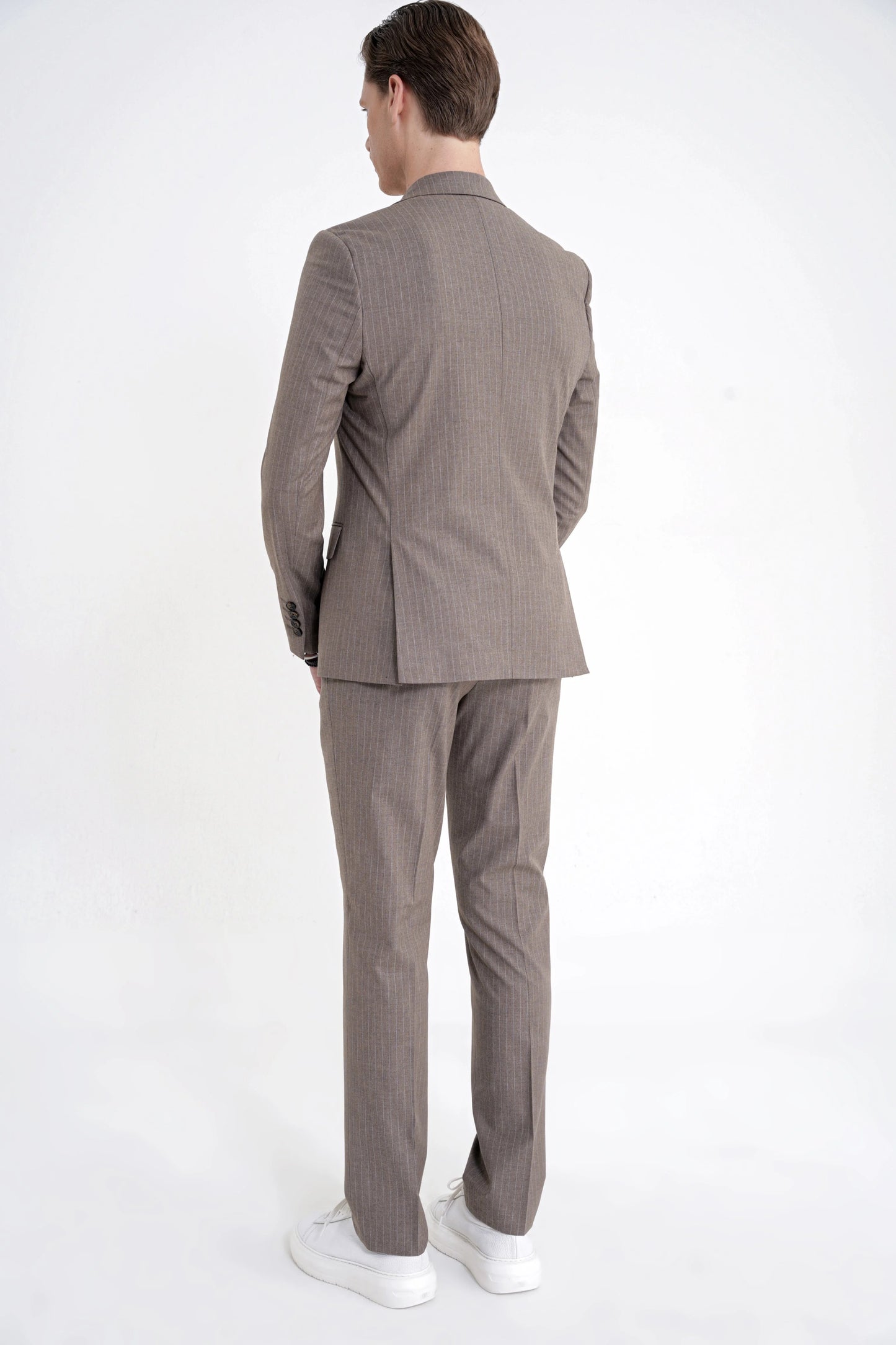 Slim Fit Mono Yaka Esnek Yünlü Bej Çizgili Takım Elbise Tk 942