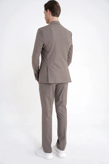 Slim Fit Mono Yaka Esnek Yünlü Bej Çizgili Takım Elbise Tk 942