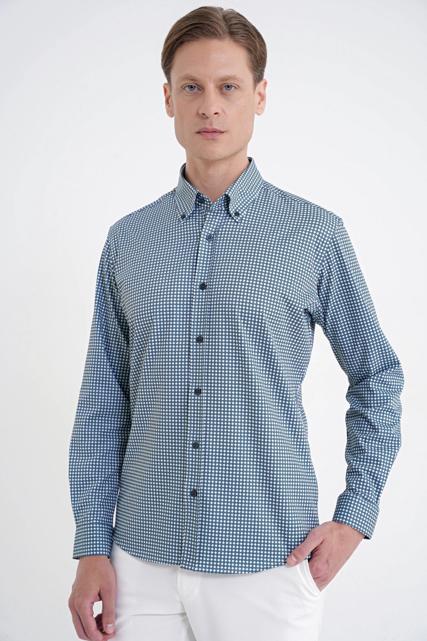 Slim Fit Pötikare Baskılı Pamuklu Yaka Düğmeli Yeşil Gömlek G 1604