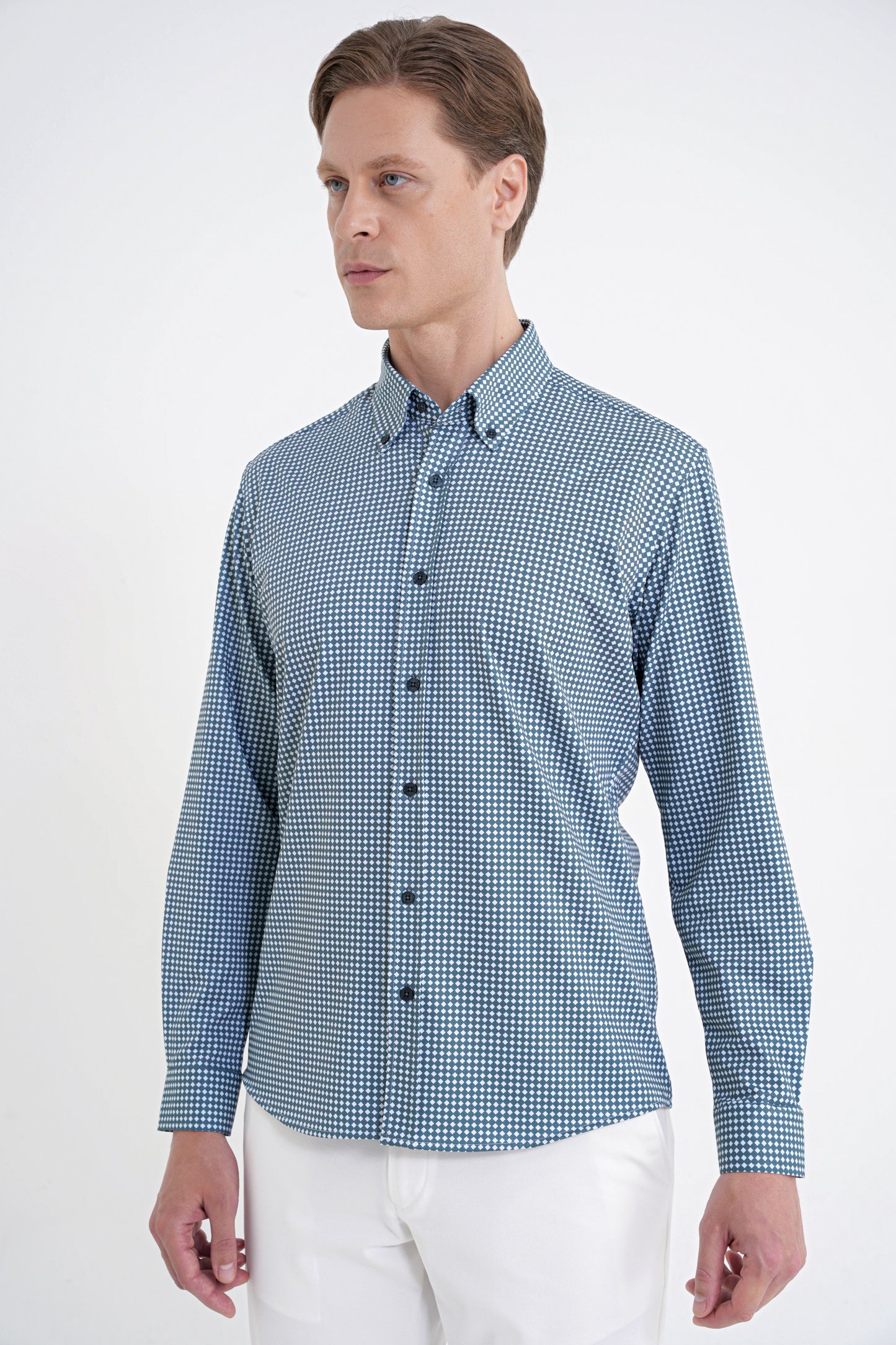Slim Fit Pötikare Baskılı Pamuklu Yaka Düğmeli Yeşil Gömlek G 1604
