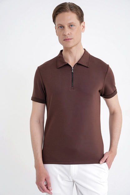 Slim Fit Esnek Pamuklu Fermuarlı Kahverengi Polo Yaka Tişört Ts 926
