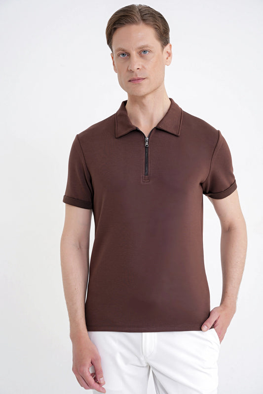 Slim Fit Esnek Pamuklu Fermuarlı Kahverengi Polo Yaka Tişört Ts 926