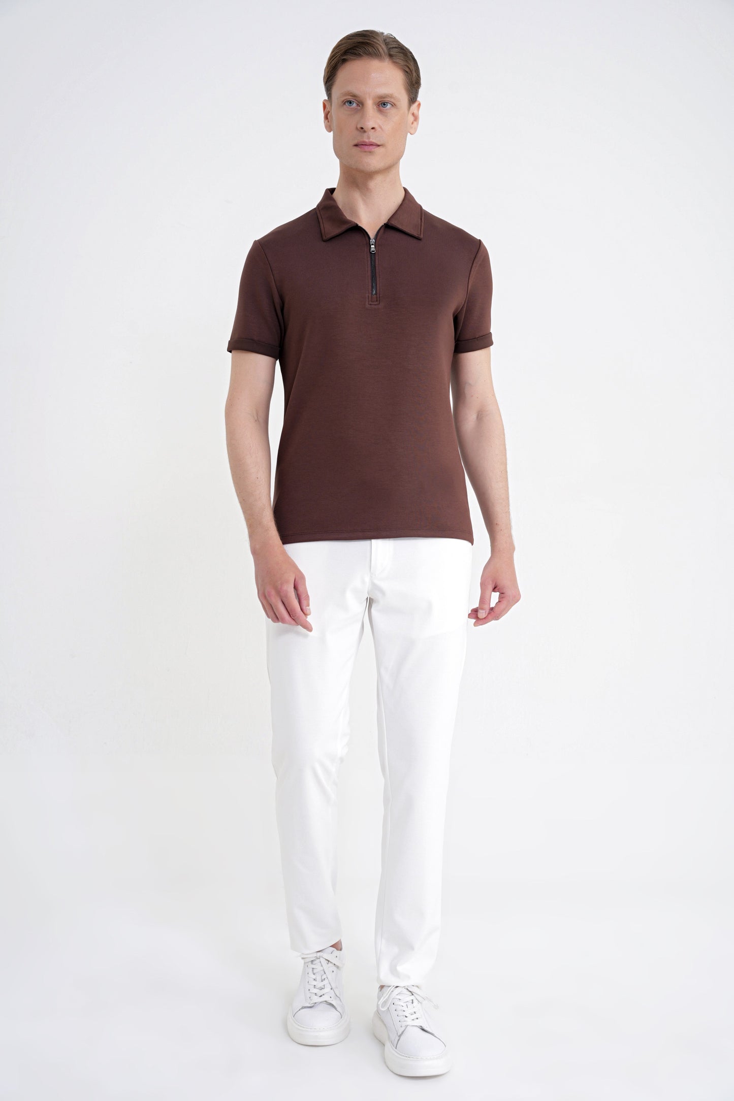 Slim Fit Esnek Pamuklu Fermuarlı Kahverengi Polo Yaka Tişört Ts 926