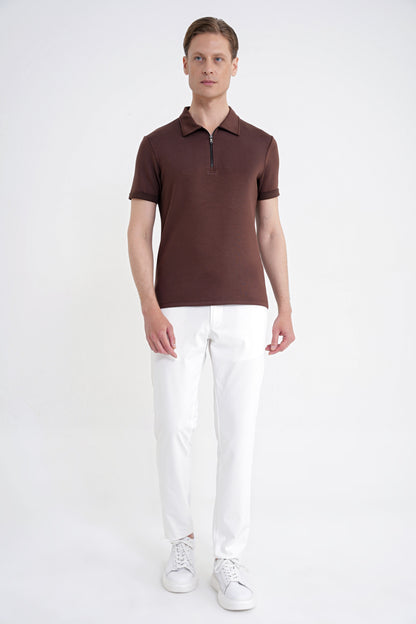 Slim Fit Esnek Pamuklu Fermuarlı Kahverengi Polo Yaka Tişört Ts 926