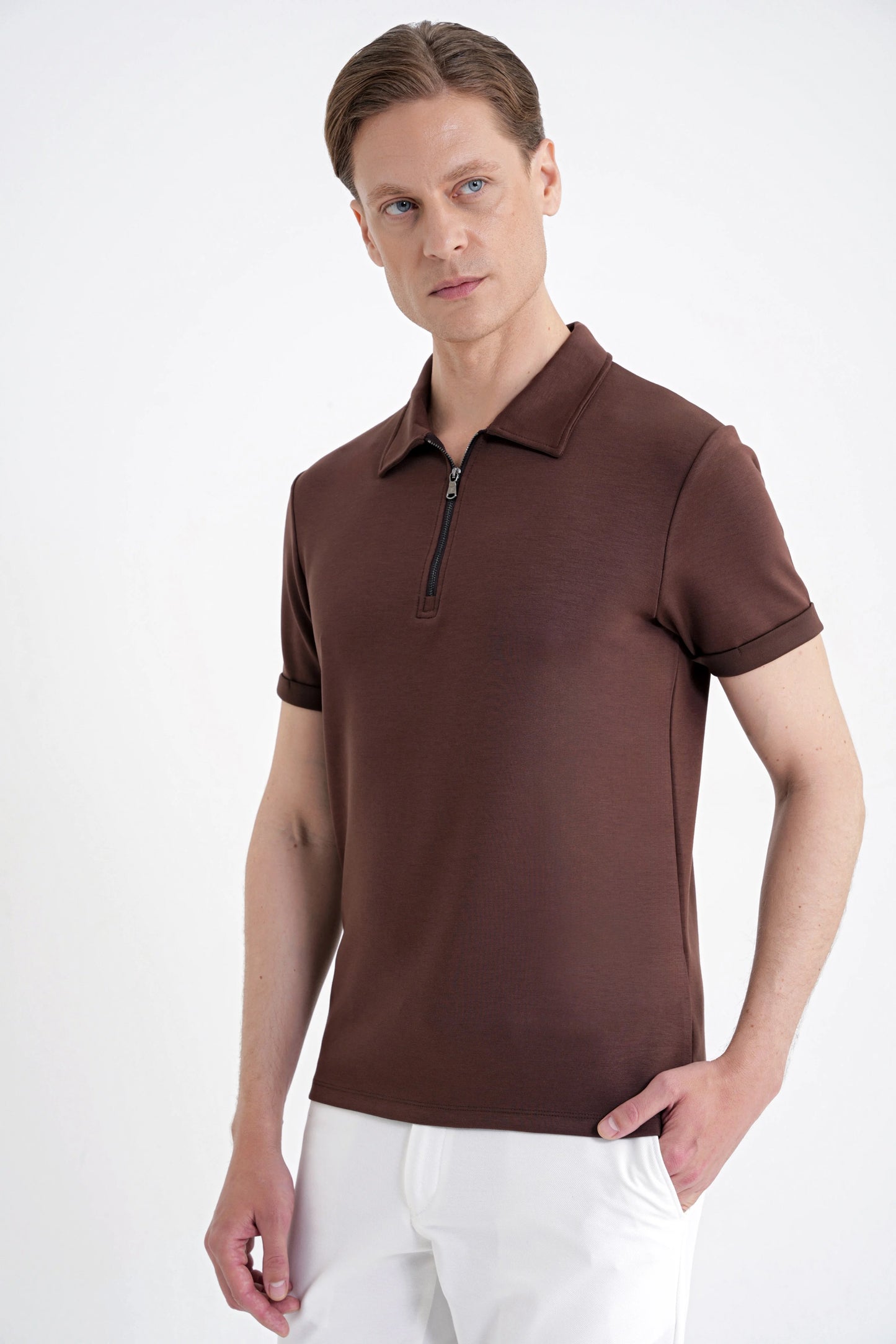 Slim Fit Esnek Pamuklu Fermuarlı Kahverengi Polo Yaka Tişört Ts 926