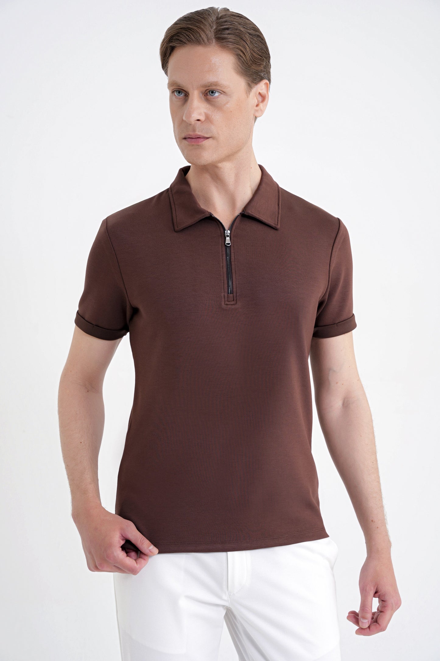 Slim Fit Esnek Pamuklu Fermuarlı Kahverengi Polo Yaka Tişört Ts 926
