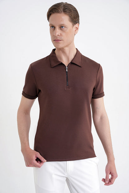 Slim Fit Esnek Pamuklu Fermuarlı Kahverengi Polo Yaka Tişört Ts 926
