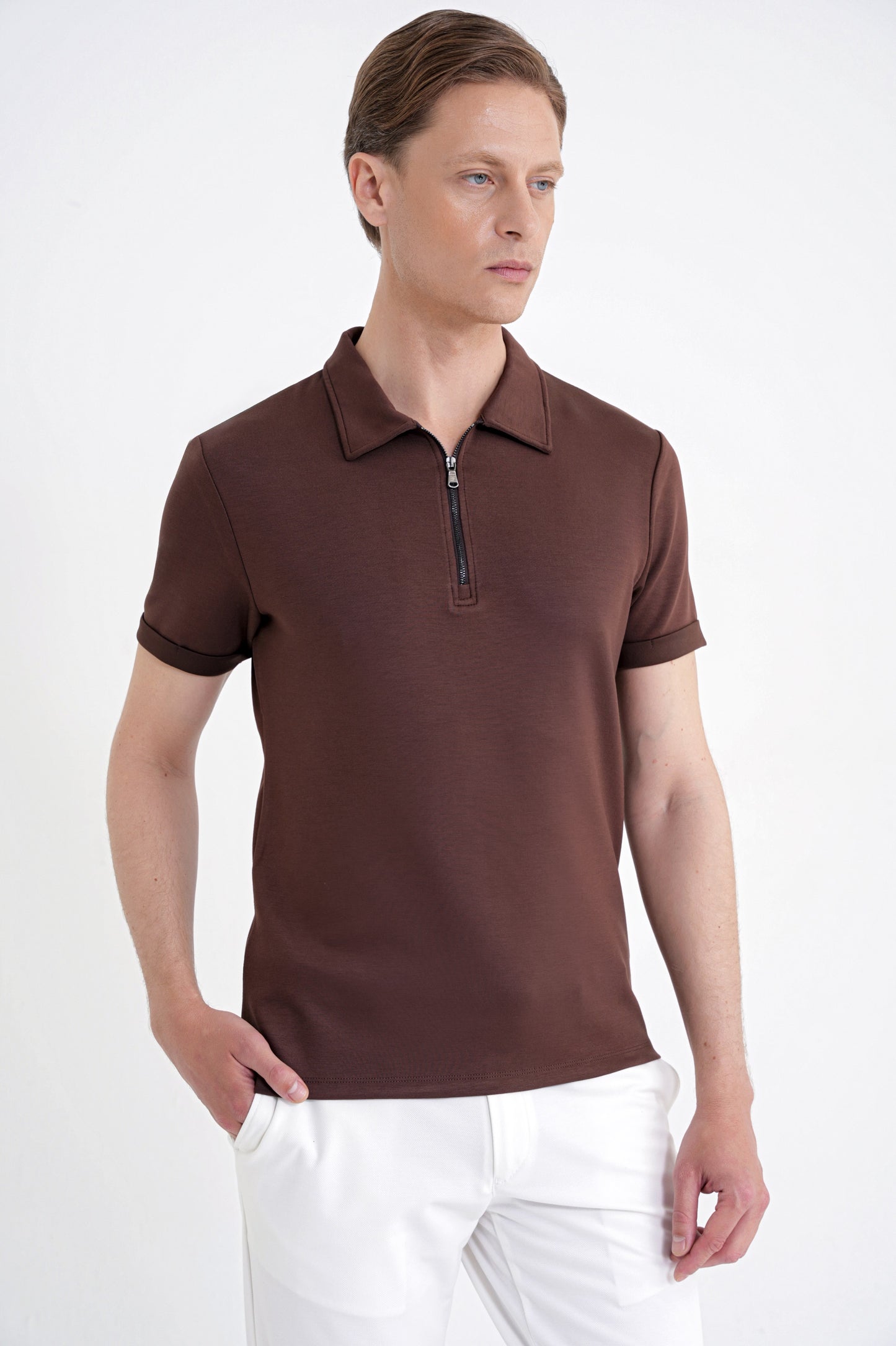Slim Fit Esnek Pamuklu Fermuarlı Kahverengi Polo Yaka Tişört Ts 926