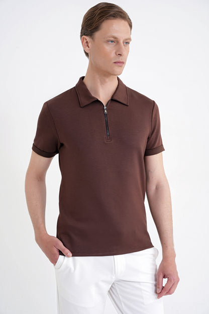 Slim Fit Esnek Pamuklu Fermuarlı Kahverengi Polo Yaka Tişört Ts 926