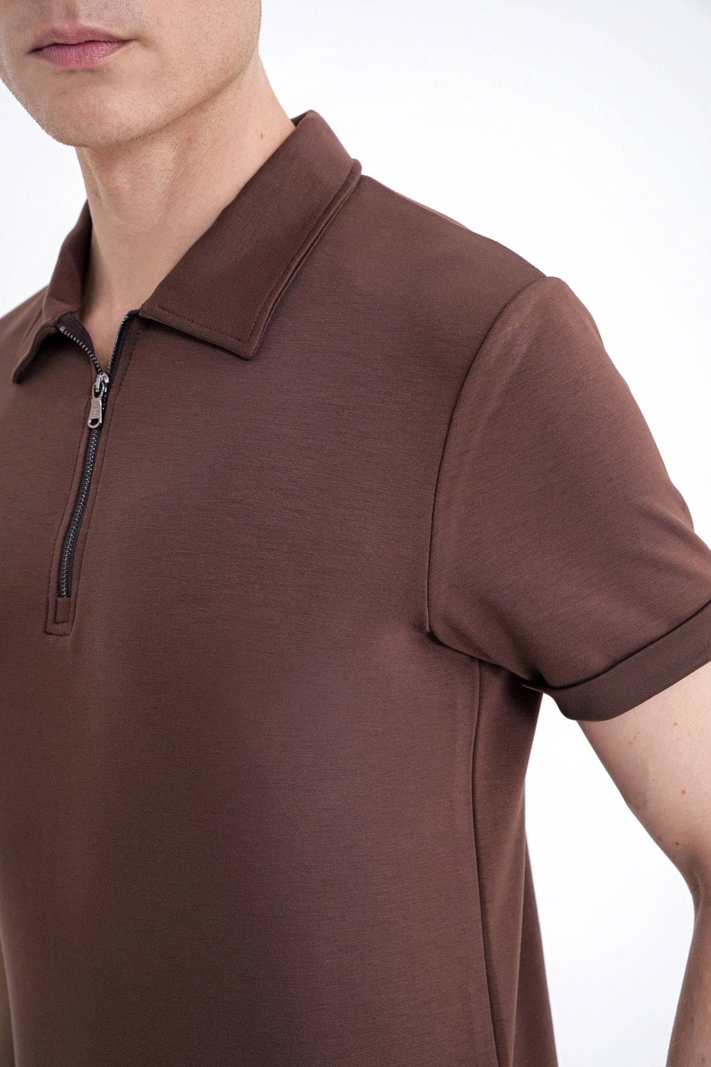 Slim Fit Esnek Pamuklu Fermuarlı Kahverengi Polo Yaka Tişört Ts 926