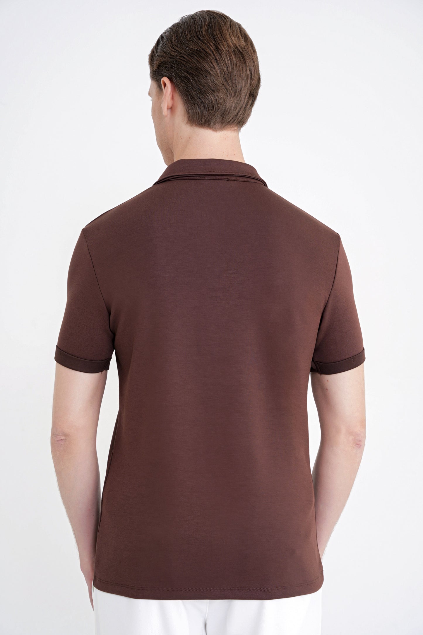 Slim Fit Esnek Pamuklu Fermuarlı Kahverengi Polo Yaka Tişört Ts 926