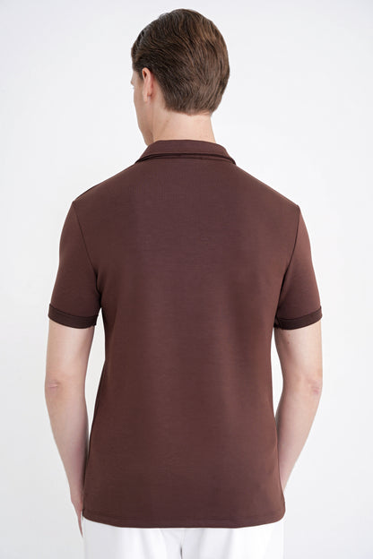 Slim Fit Esnek Pamuklu Fermuarlı Kahverengi Polo Yaka Tişört Ts 926