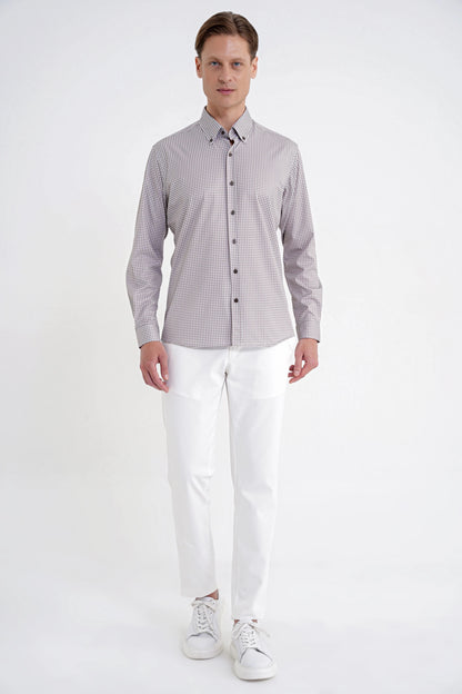 Slim Fit Pötikare Baskılı Pamuklu Yaka Düğmeli Vizon Gömlek G 1604