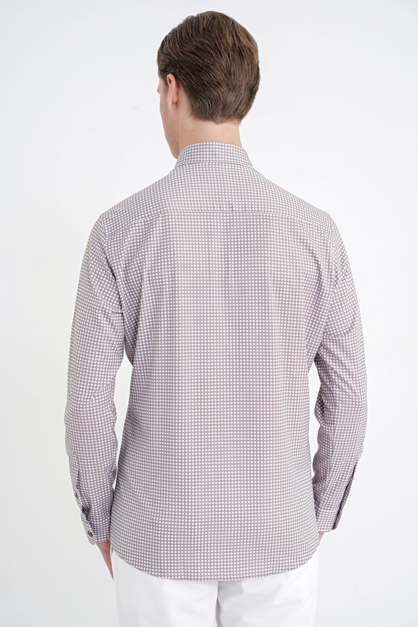 Slim Fit Pötikare Baskılı Pamuklu Yaka Düğmeli Vizon Gömlek G 1604
