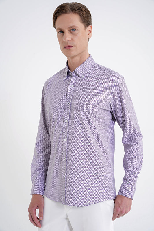 Slim Fit Yaka Düğmeli Baskılı Pamuklu Bordo Gömlek G 1606