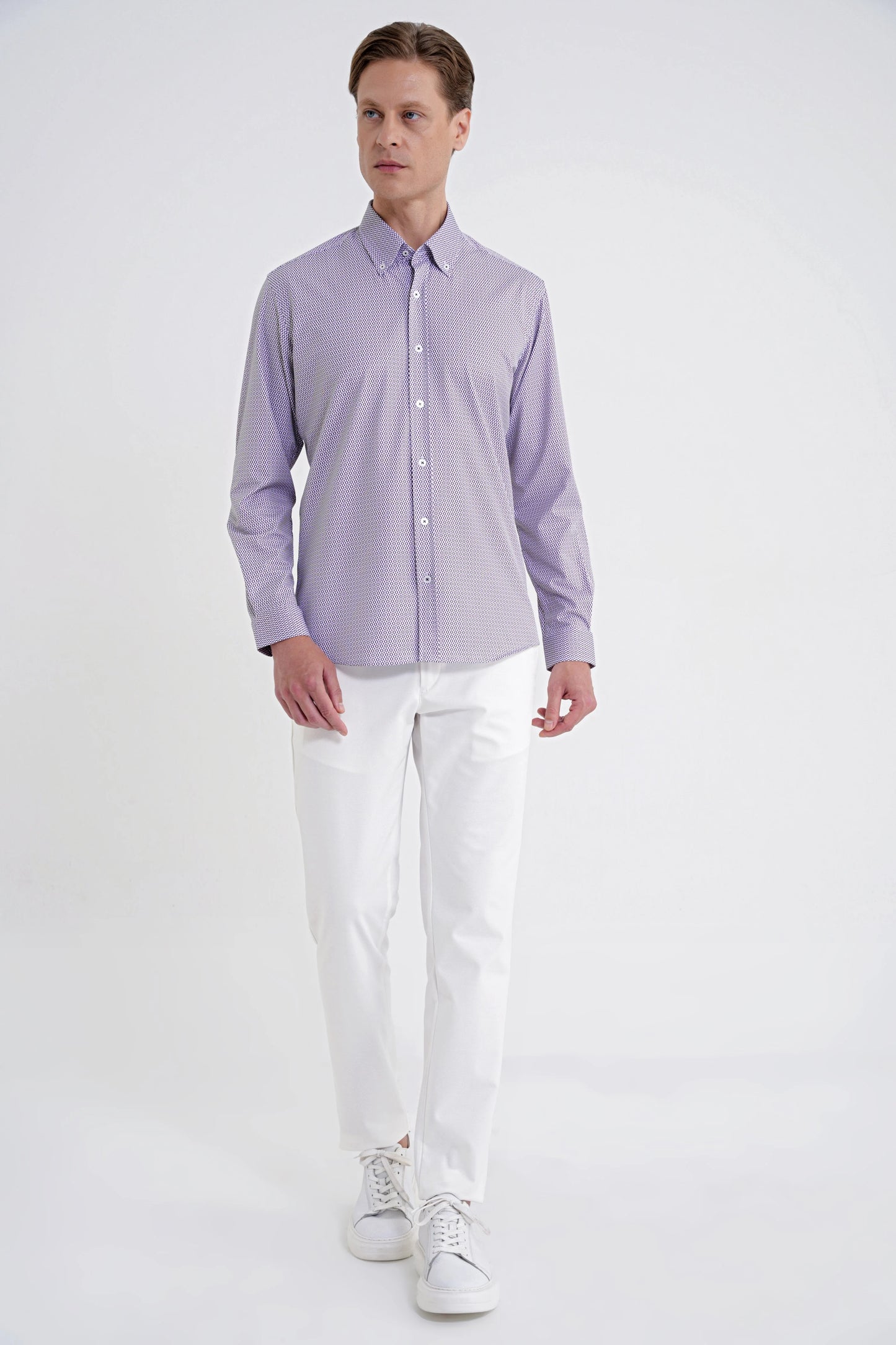 Slim Fit Yaka Düğmeli Baskılı Pamuklu Bordo Gömlek G 1606