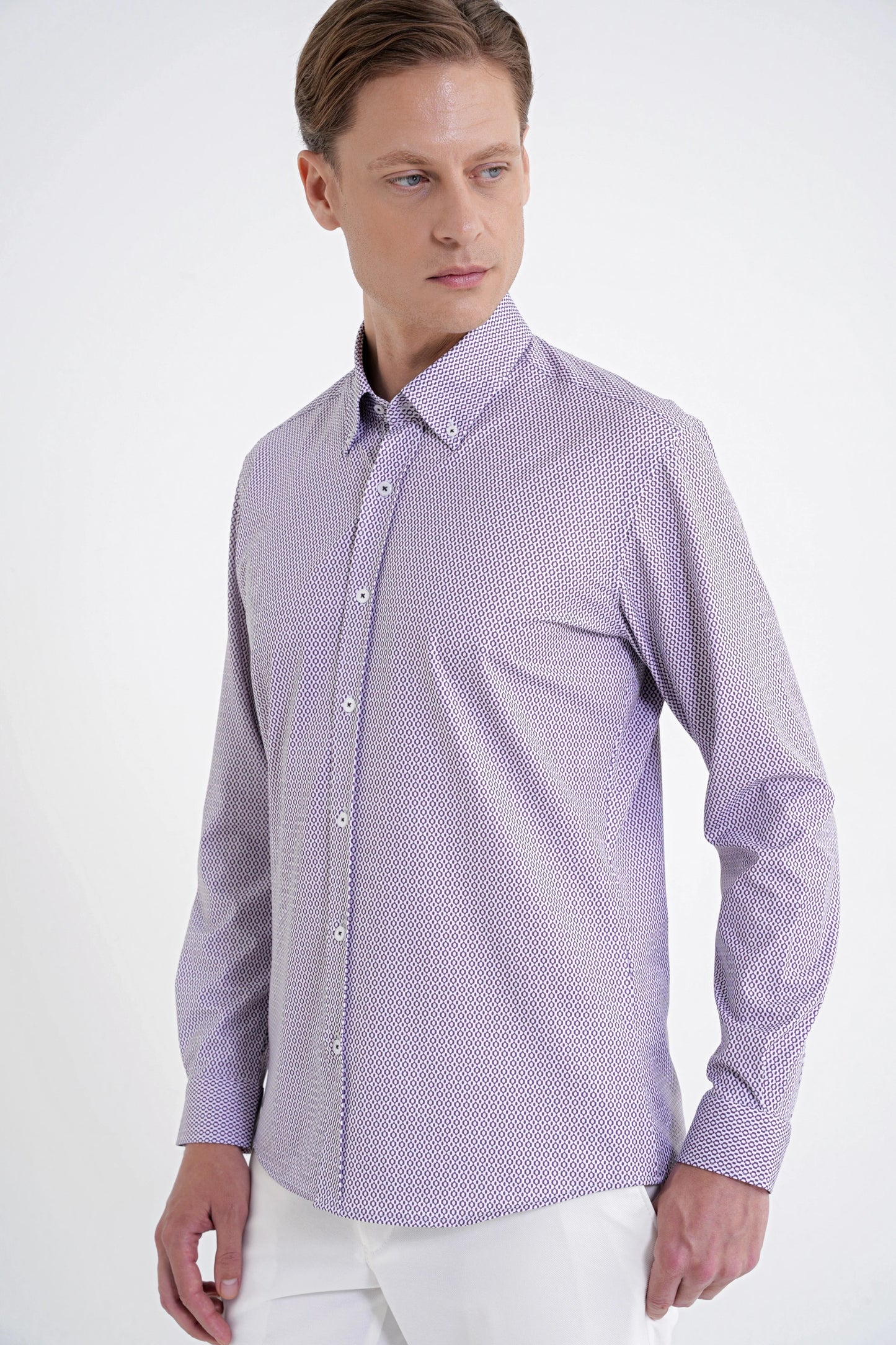 Slim Fit Yaka Düğmeli Baskılı Pamuklu Bordo Gömlek G 1606