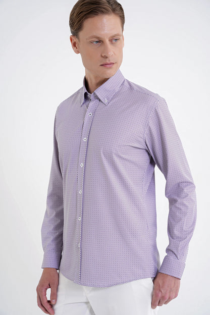 Slim Fit Yaka Düğmeli Baskılı Pamuklu Bordo Gömlek G 1606