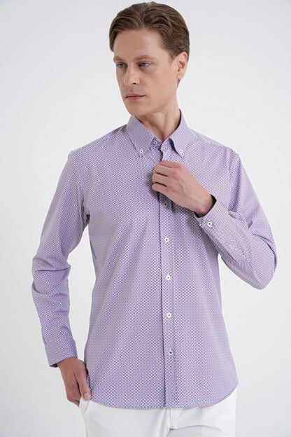 Slim Fit Yaka Düğmeli Baskılı Pamuklu Bordo Gömlek G 1606