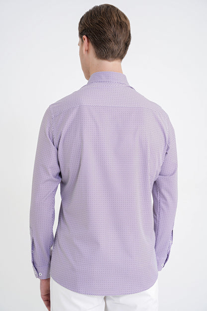 Slim Fit Yaka Düğmeli Baskılı Pamuklu Bordo Gömlek G 1606