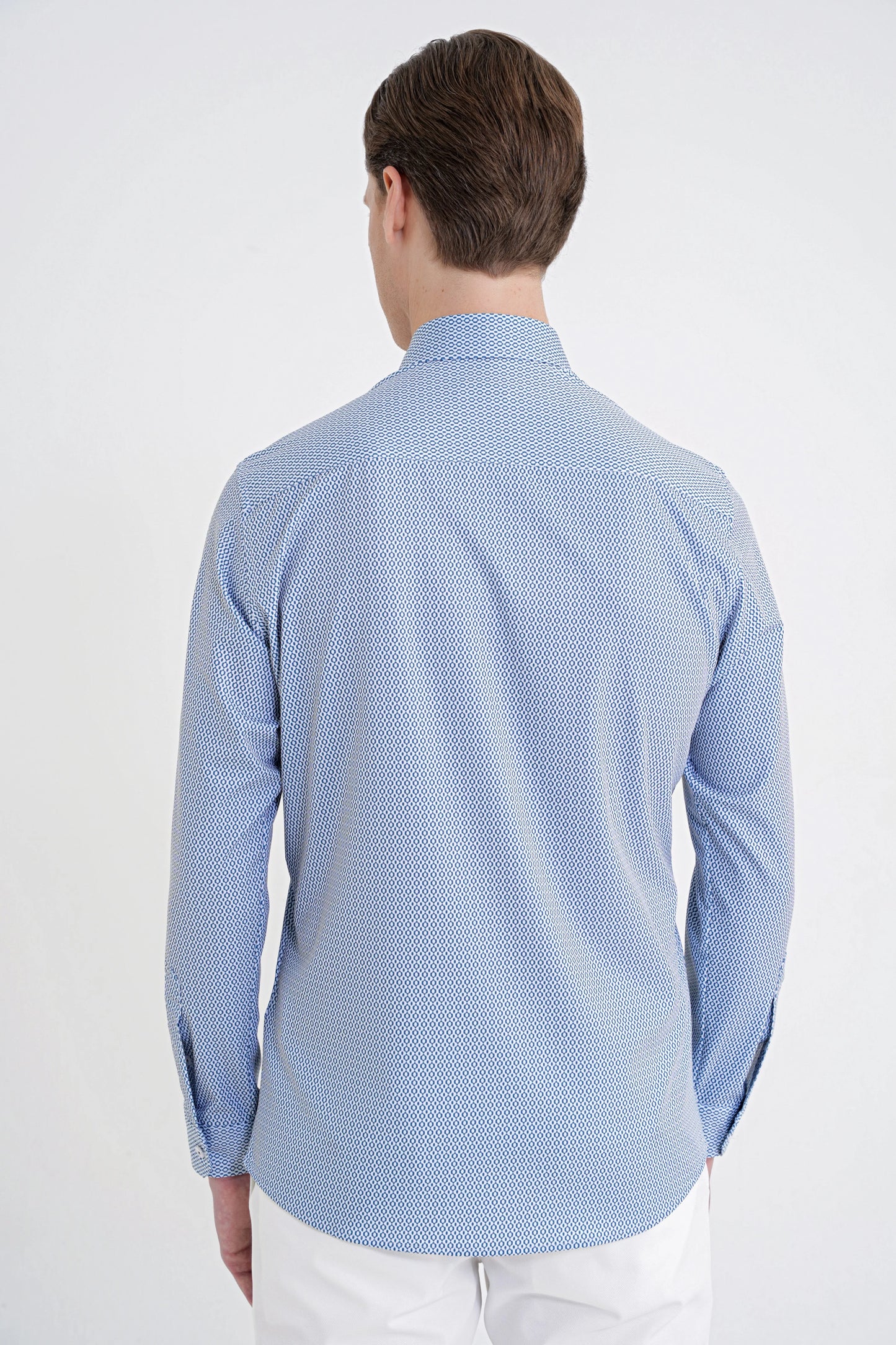Slim Fit Yaka Düğmeli Baskılı Pamuklu Mavi Gömlek G 1606