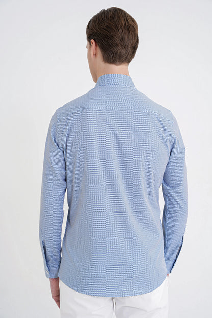 Slim Fit Yaka Düğmeli Baskılı Pamuklu Mavi Gömlek G 1606