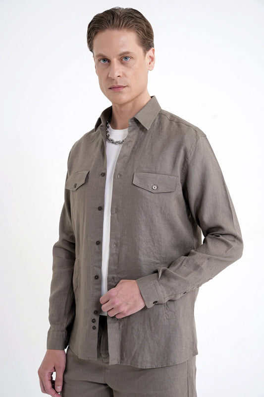 Comfort Fit Yan Cepli %100 Keten Haki Gömlek Ceket G 1602