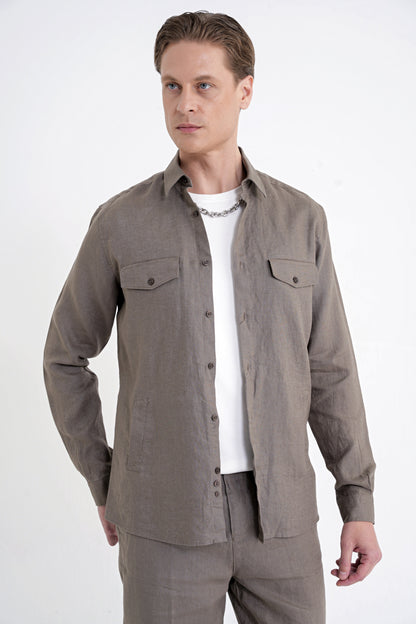 Comfort Fit Yan Cepli %100 Keten Haki Gömlek Ceket G 1602