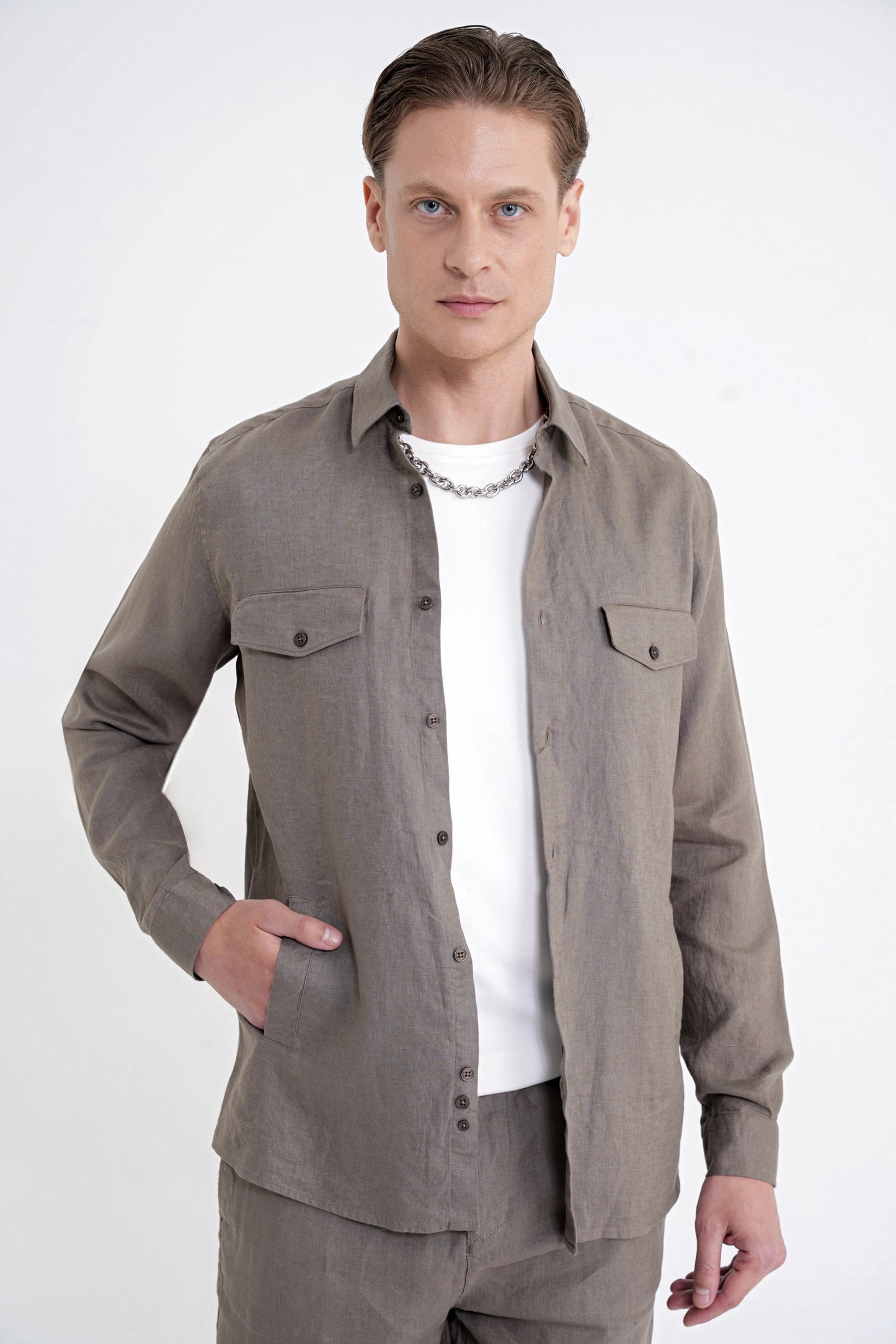 Comfort Fit Yan Cepli %100 Keten Haki Gömlek Ceket G 1602