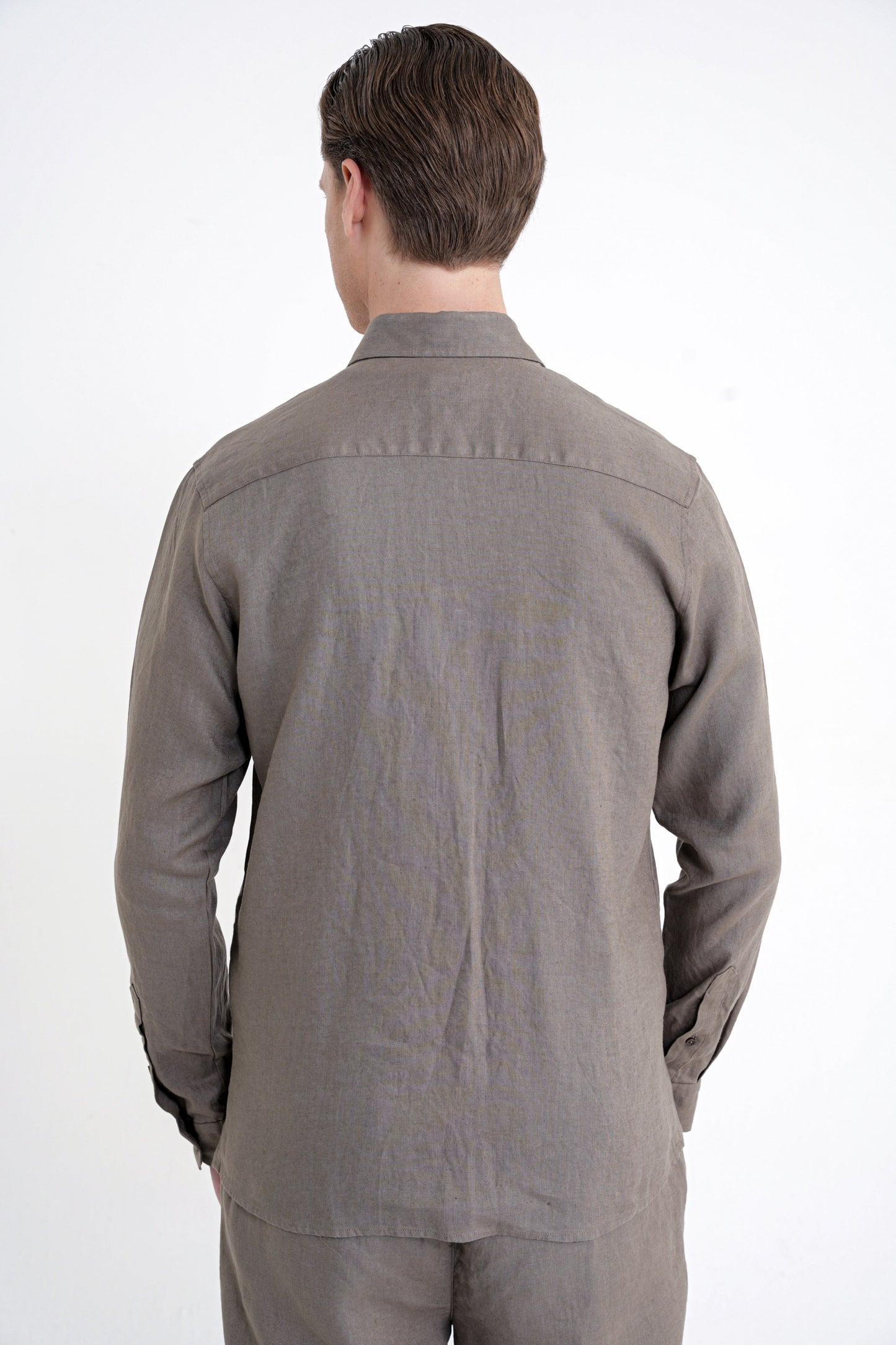 Comfort Fit Yan Cepli %100 Keten Haki Gömlek Ceket G 1602
