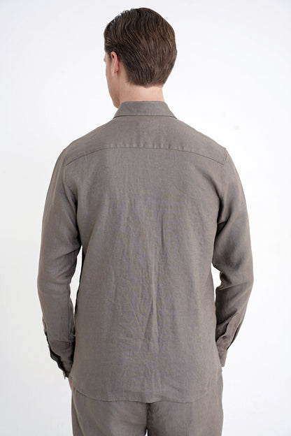 Comfort Fit Yan Cepli %100 Keten Haki Gömlek Ceket G 1602