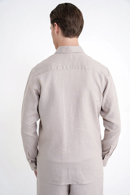 Comfort Fit Yan Cepli %100 Keten Taş Gömlek Ceket G 1602