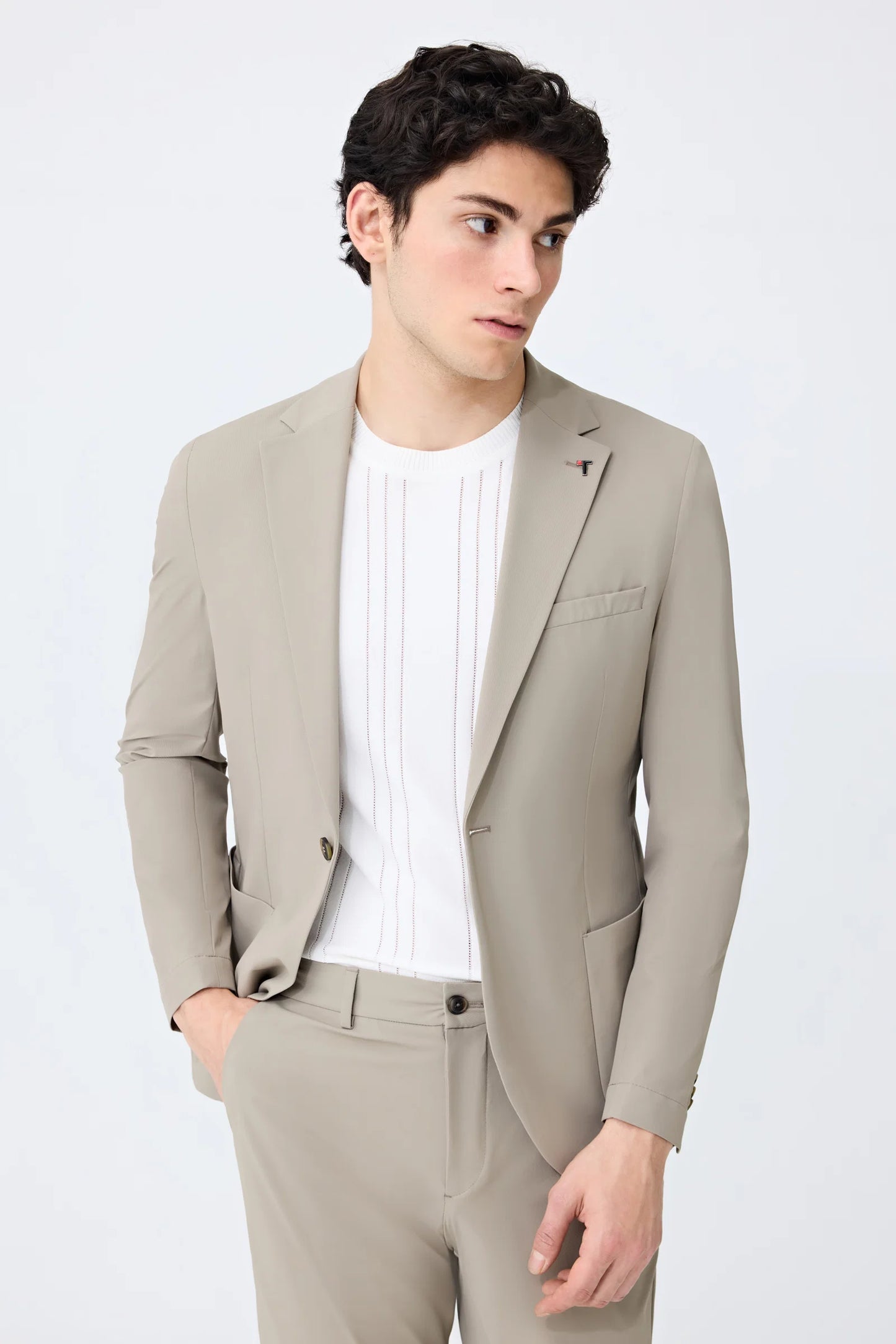 Tween Slim Fit Bej Diyogonal Kumaş Ceket
