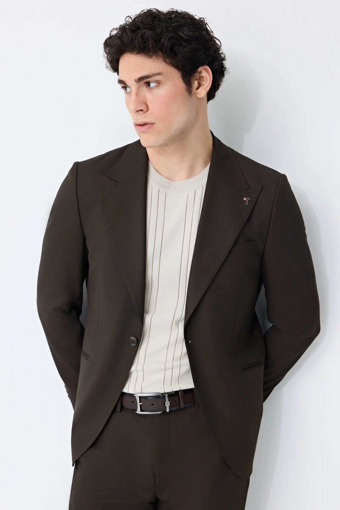 Tween Slim Fit Kahverengi Armürlü Takim Elbise