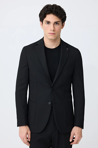 Tween Slim Fit Siyah Armürlü Kumaş Ceket