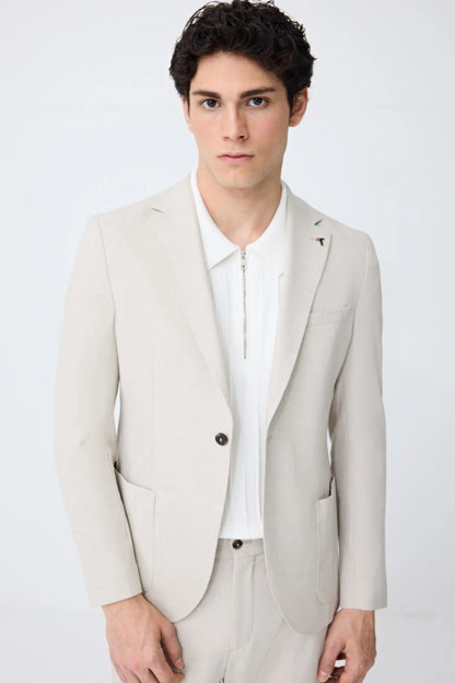 Tween Slim Fit Bej Armürlü Kumaş Ceket