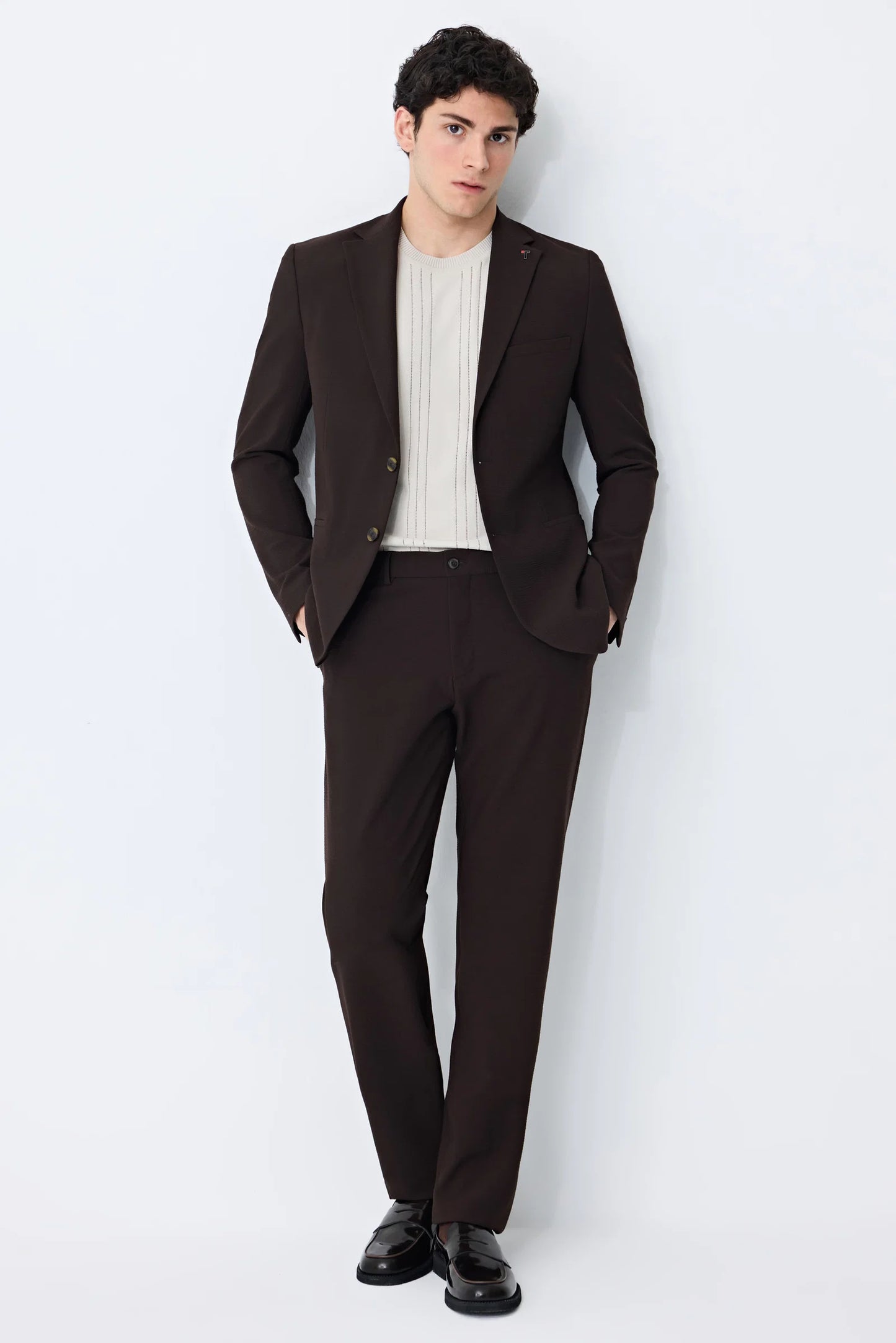 Tween Slim Fit Kahverengi Çizgili Takim Elbise