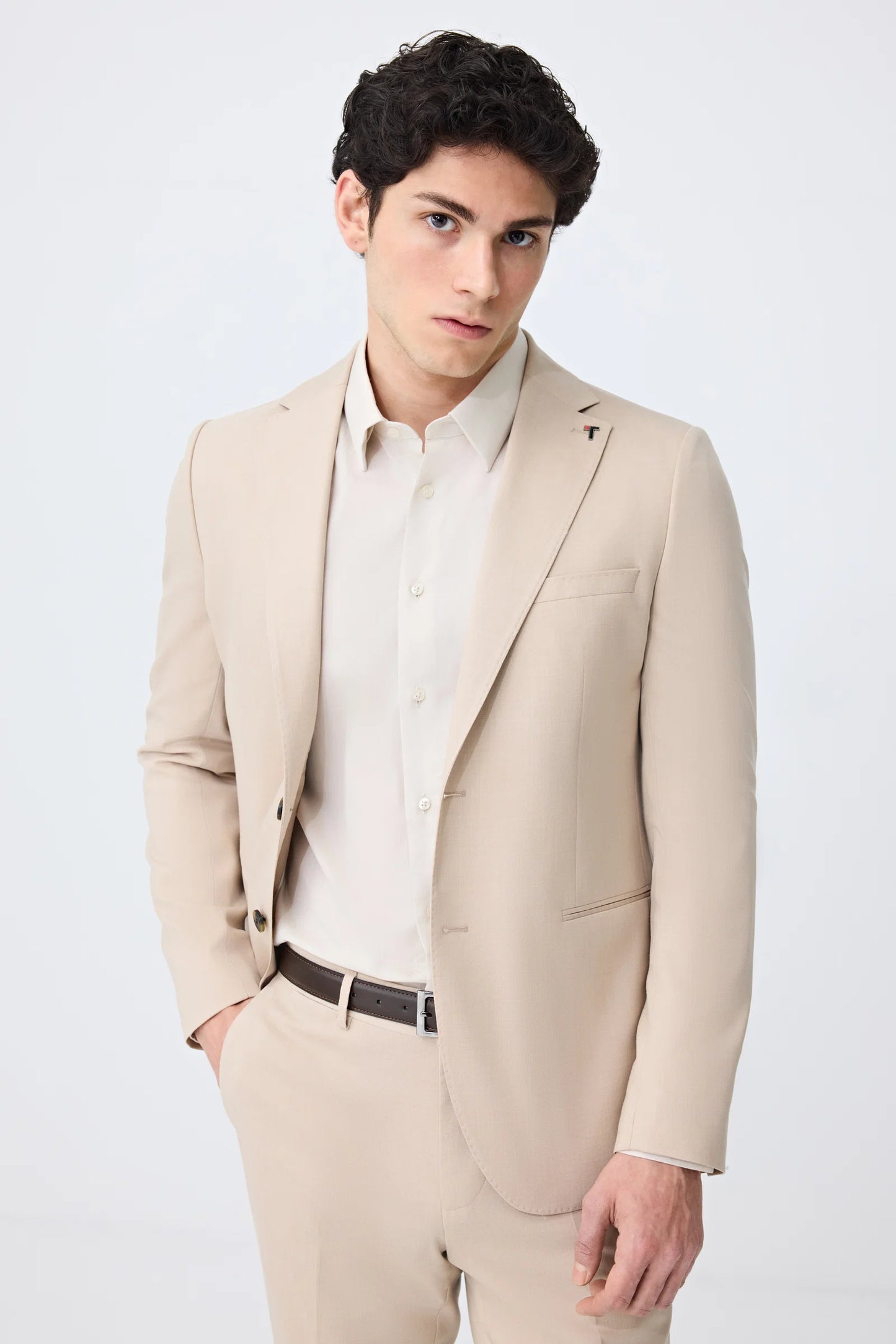 Tween Slim Fit Bej Armürlü Takim Elbise