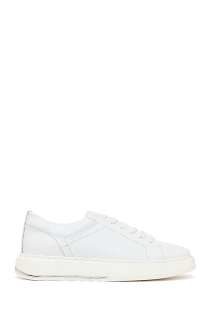 Erkek Beyaz Bağcıklı Kalın Tabanlı Deri Sneaker