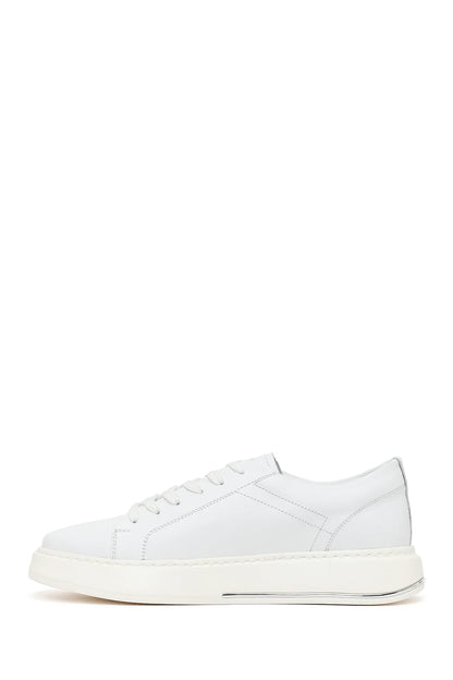 Erkek Beyaz Bağcıklı Kalın Tabanlı Deri Sneaker
