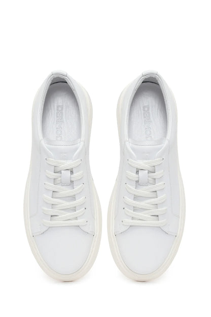 Erkek Beyaz Bağcıklı Kalın Tabanlı Deri Sneaker