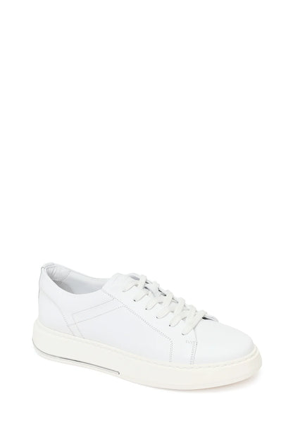 Erkek Beyaz Bağcıklı Kalın Tabanlı Deri Sneaker